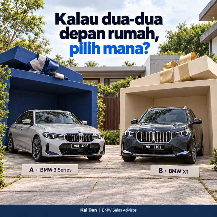 Iklan BMW: 3 Series dan X1 dalam kotak hadiah gergasi depan rumah