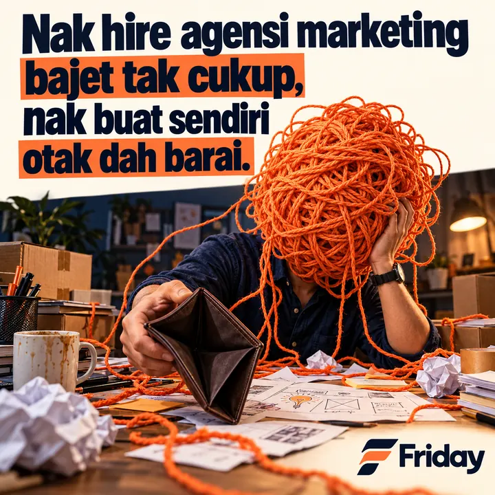 Iklan Friday: kepala berbelit benang oren, tangan pegang dompet kosong