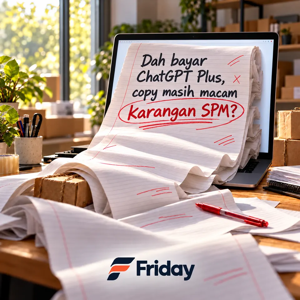 Iklan Friday: kertas karangan keluar dari laptop dengan tulisan Dah bayar ChatGPT Plus, copy masih macam Karangan SPM?