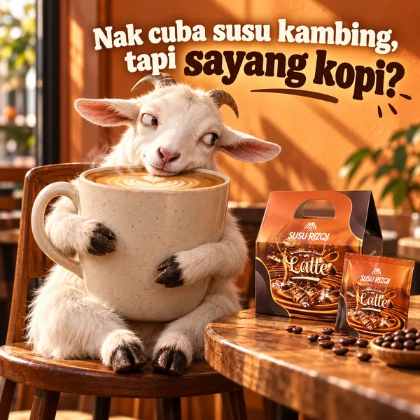 Iklan SR Latte: kambing peluk cawan latte