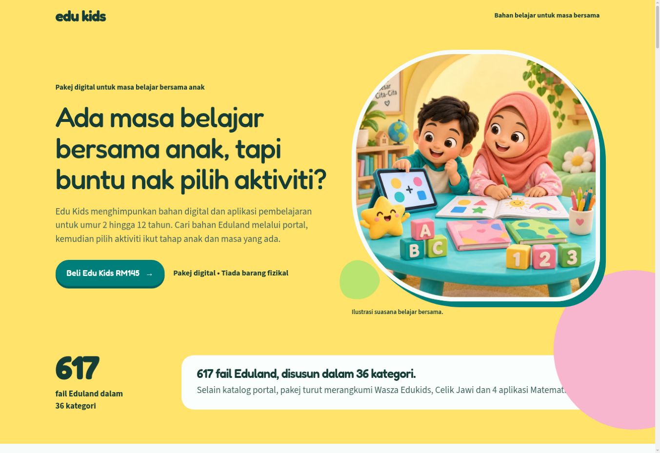 Screenshot bahagian atas contoh salespage Edu Kids dengan tajuk, visual produk dan butang tindakan