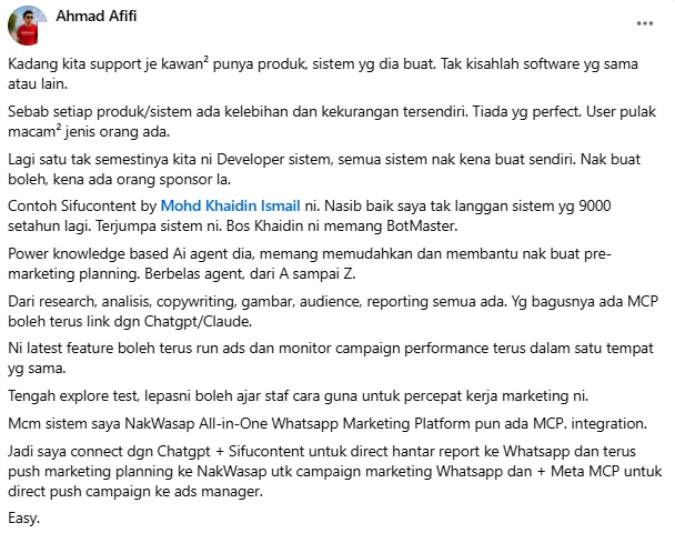 Post Facebook Ahmad Afifi memuji Friday oleh SifuContent