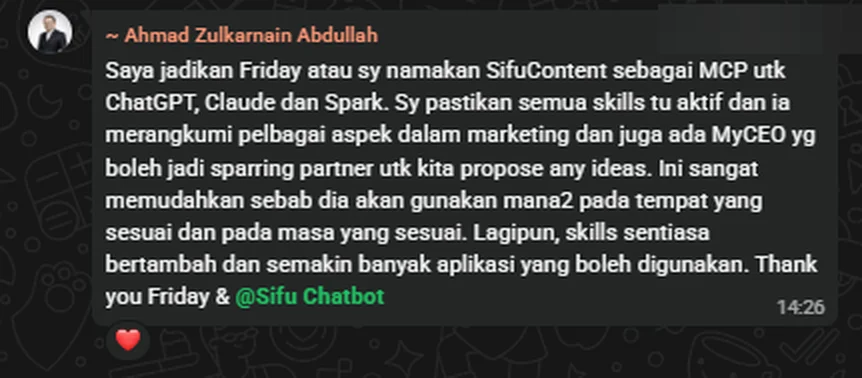 Perbualan WhatsApp Ahmad Zulkarnain Abdullah memuji Friday oleh SifuContent